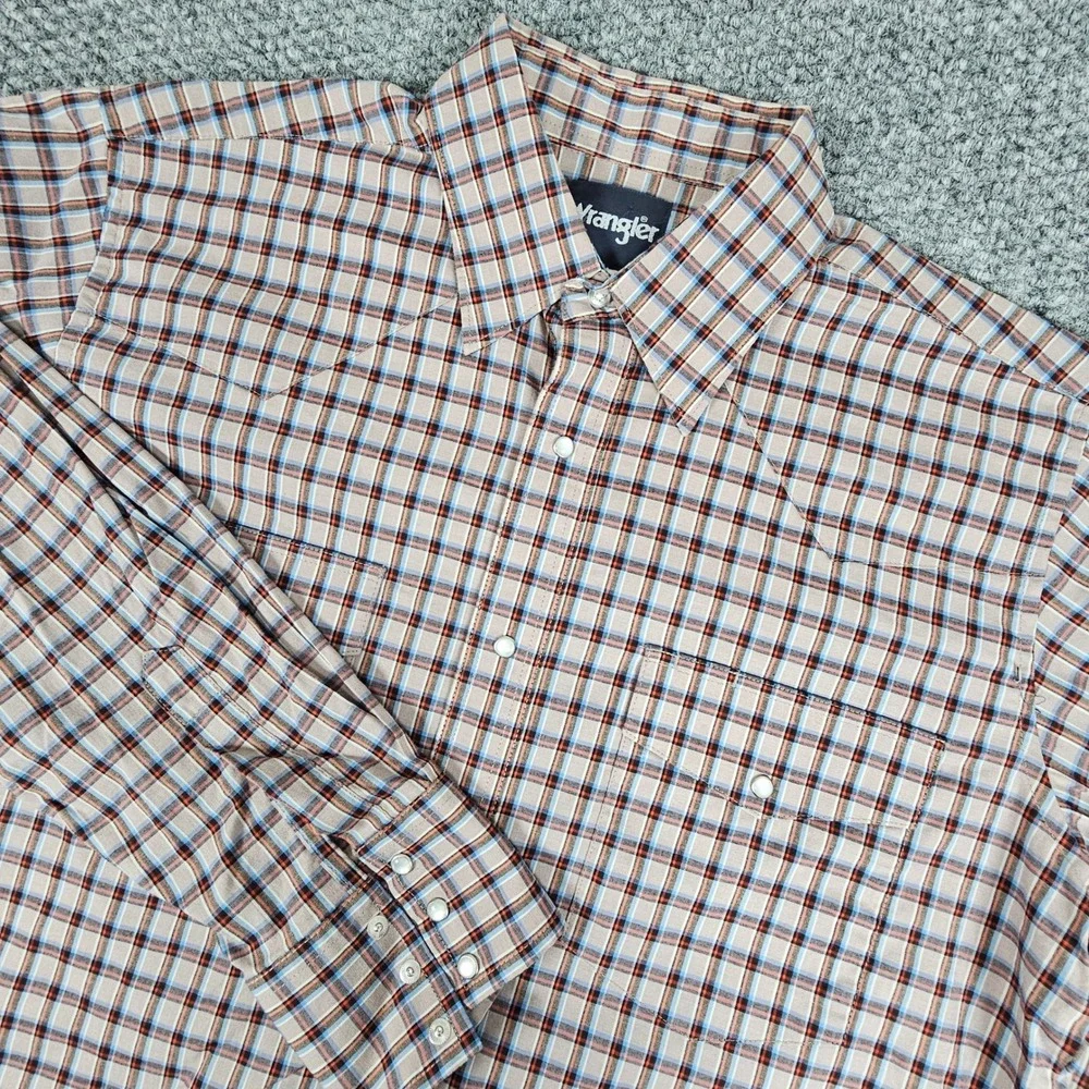 Wrangler Mens Plaid Western Long‎ Sleeve Button Up Shirt Tan Brown Blue